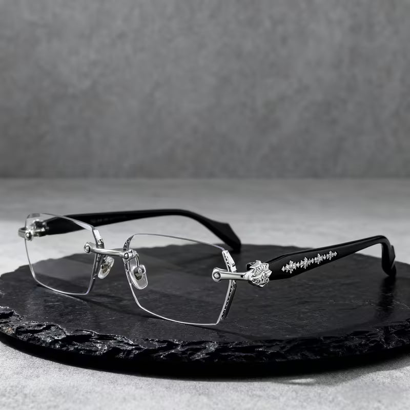 Retro Gothic Cross Rimless Square Glasses – Vintage Gold Frame Clear Lens Luxury Eyewear for Men & Women