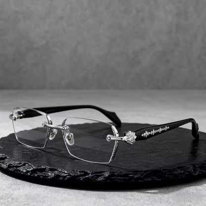 Retro Gothic Cross Rimless Square Glasses – Vintage Gold Frame Clear Lens Luxury Eyewear for Men & Women