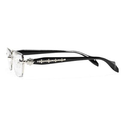 Retro Gothic Cross Rimless Square Glasses – Vintage Gold Frame Clear Lens Luxury Eyewear for Men & Women